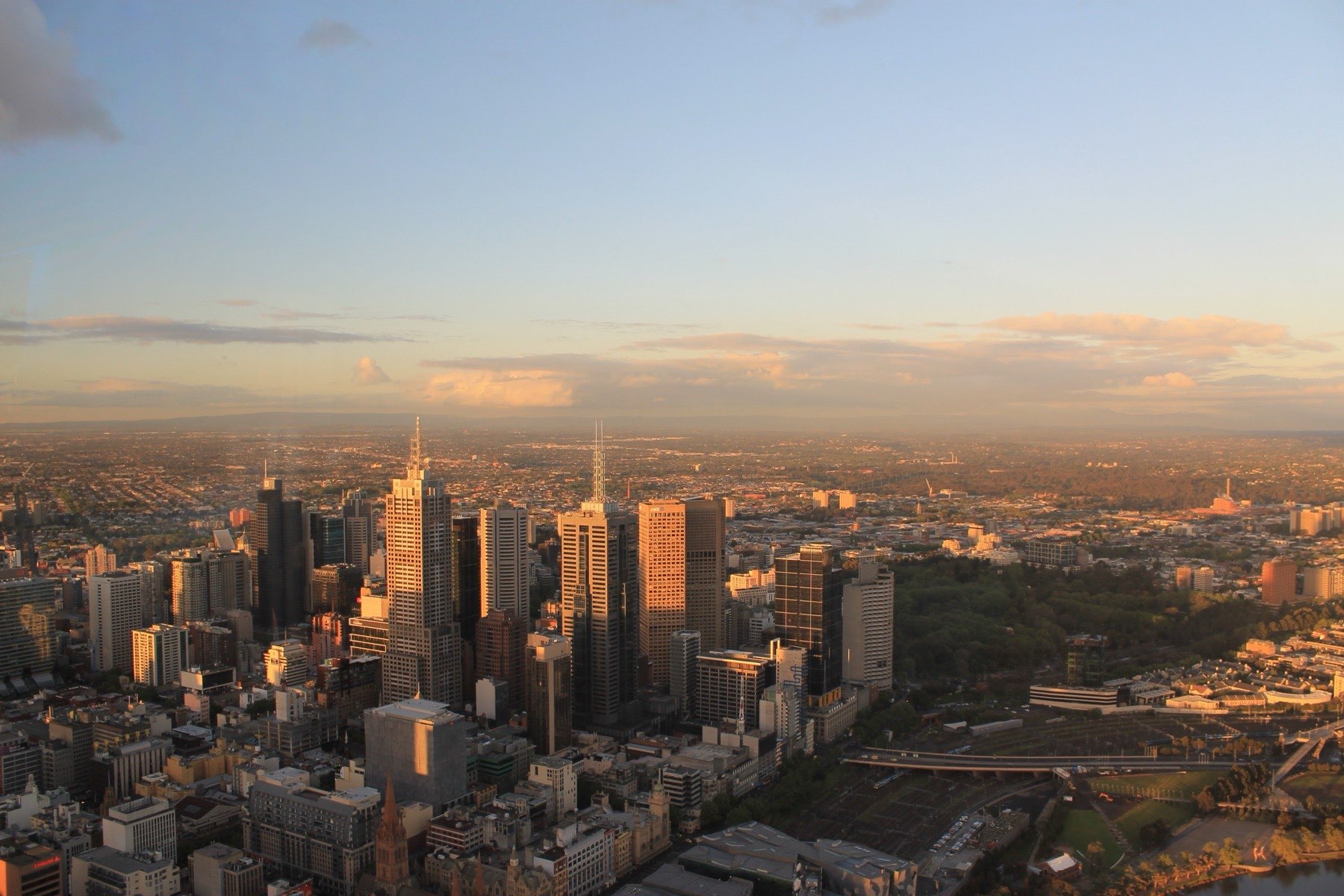 Melbourne from the air, the city stretching east to the Dandenongs